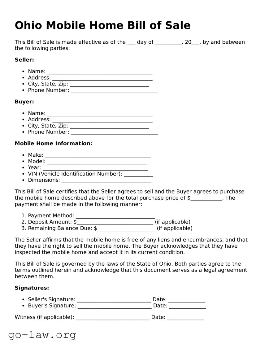 Fillable Ohio Mobile Home Bill of Sale Form