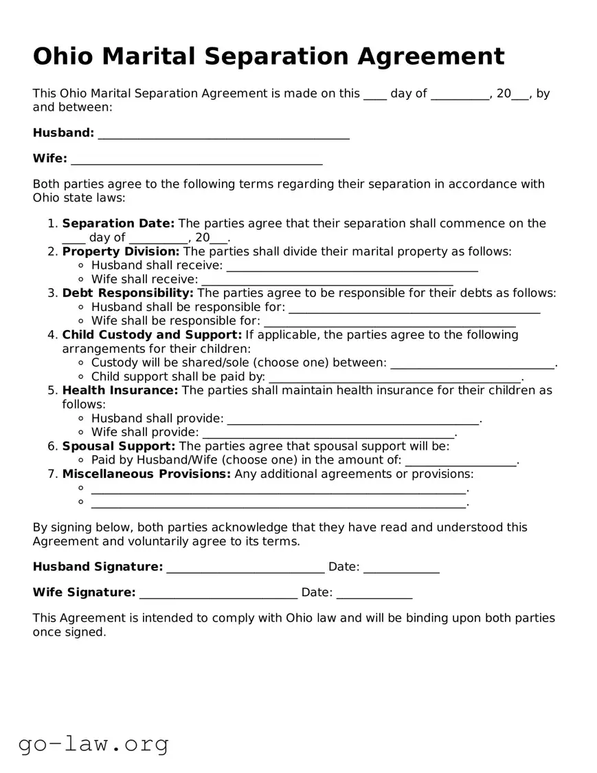 Fillable Ohio Marital Separation Agreement Form