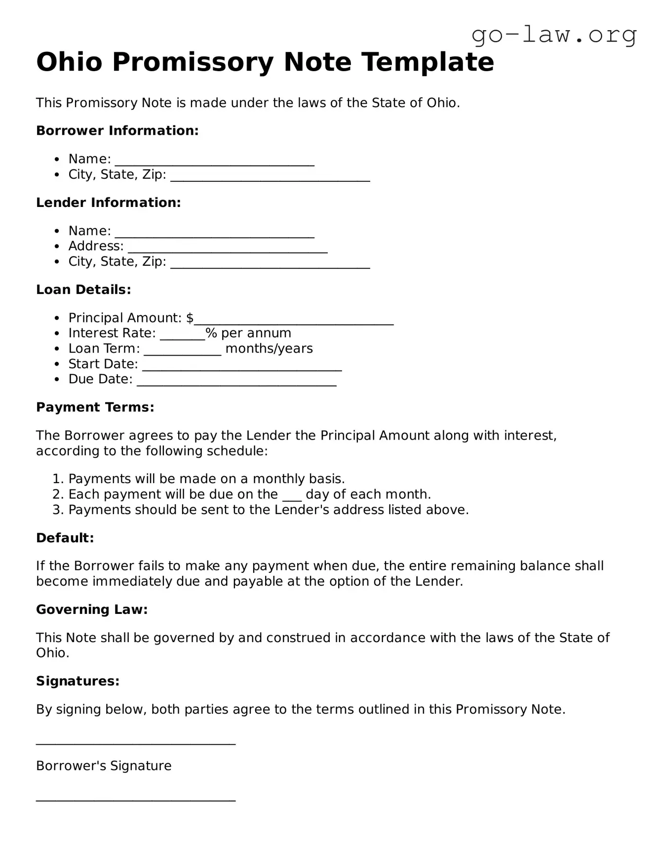 Fillable Ohio Promissory Note Form