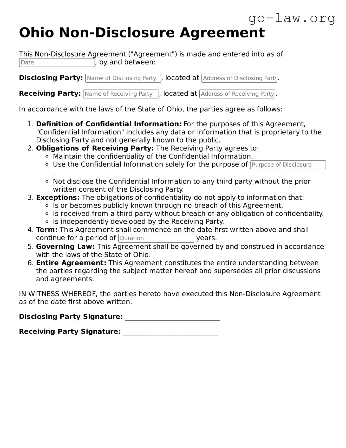 Fillable Ohio Non-disclosure Agreement Form
