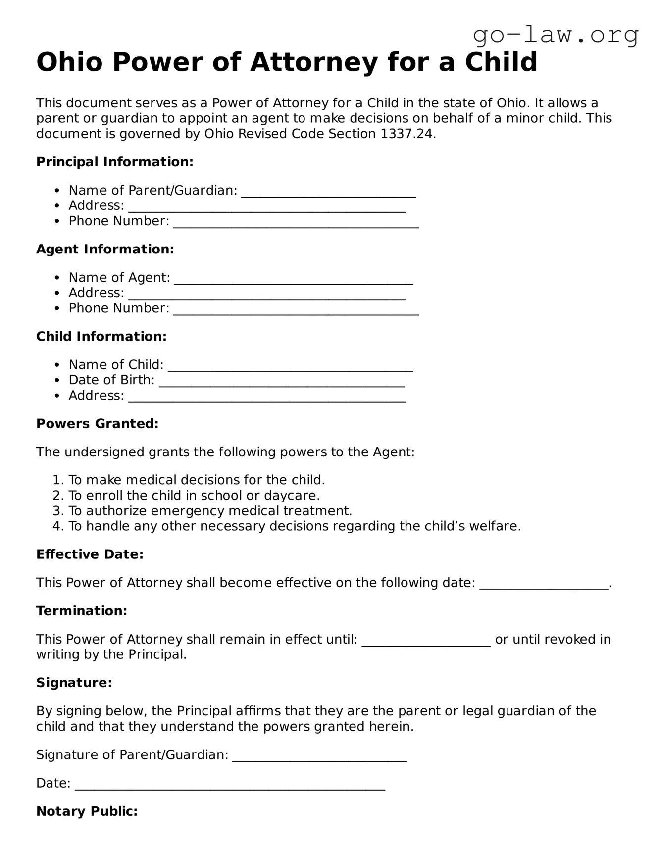 Fillable Ohio Power of Attorney for a Child Form
