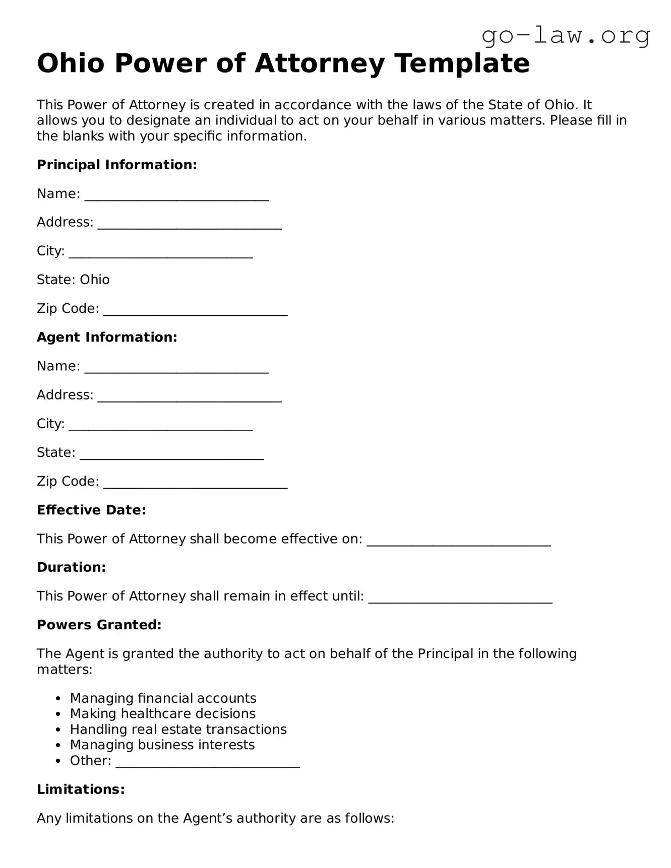 Fillable Ohio Power of Attorney Form