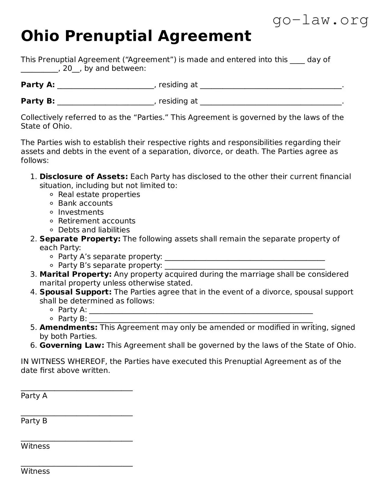Fillable Ohio Prenuptial Agreement Form