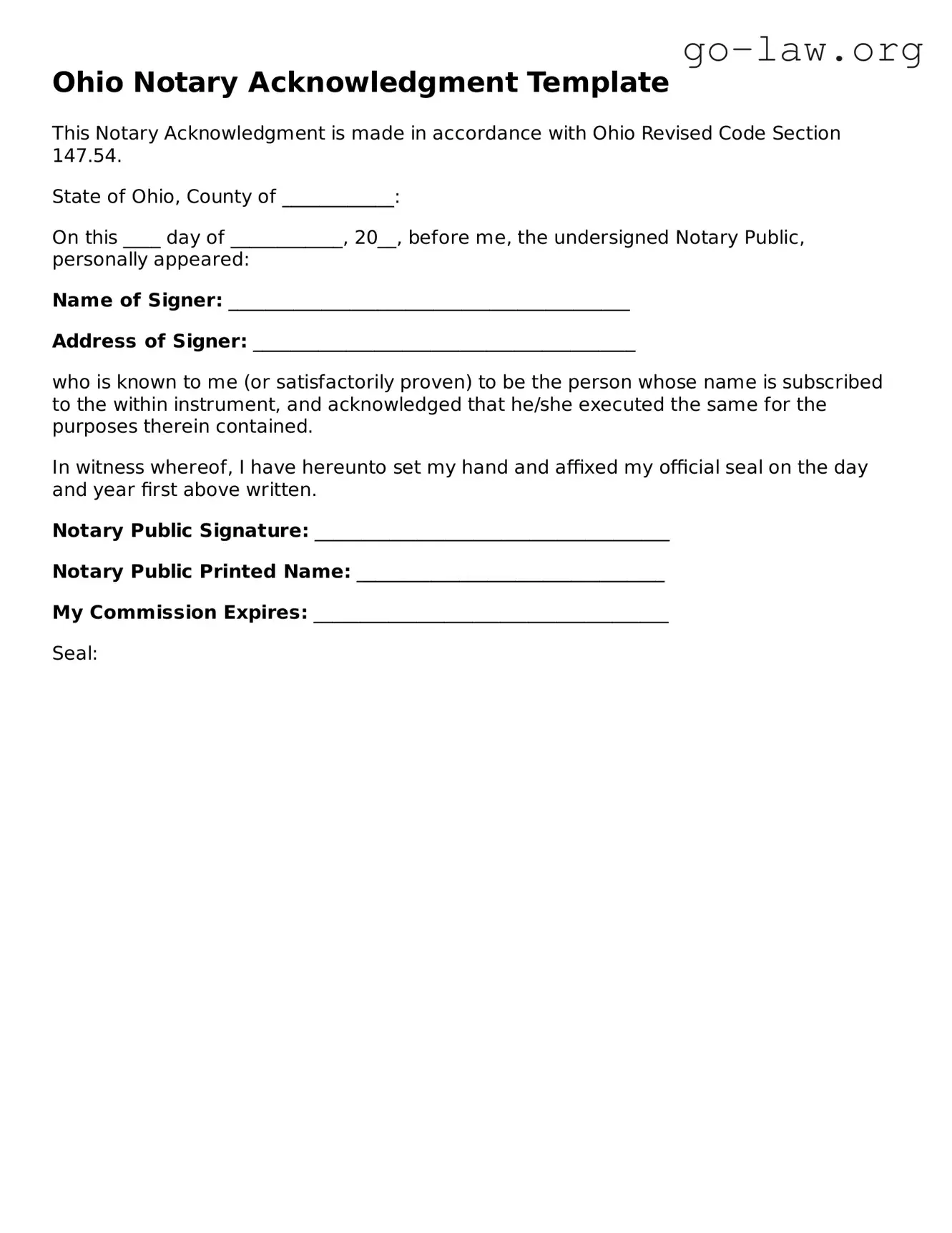 Fillable Ohio Notary Acknowledgement Form