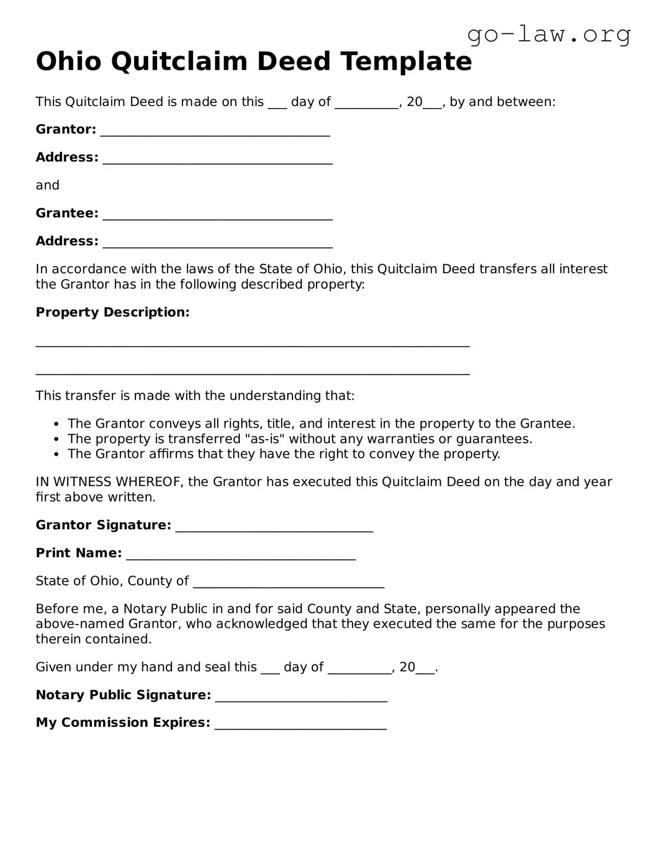 Fillable Ohio Quitclaim Deed Form