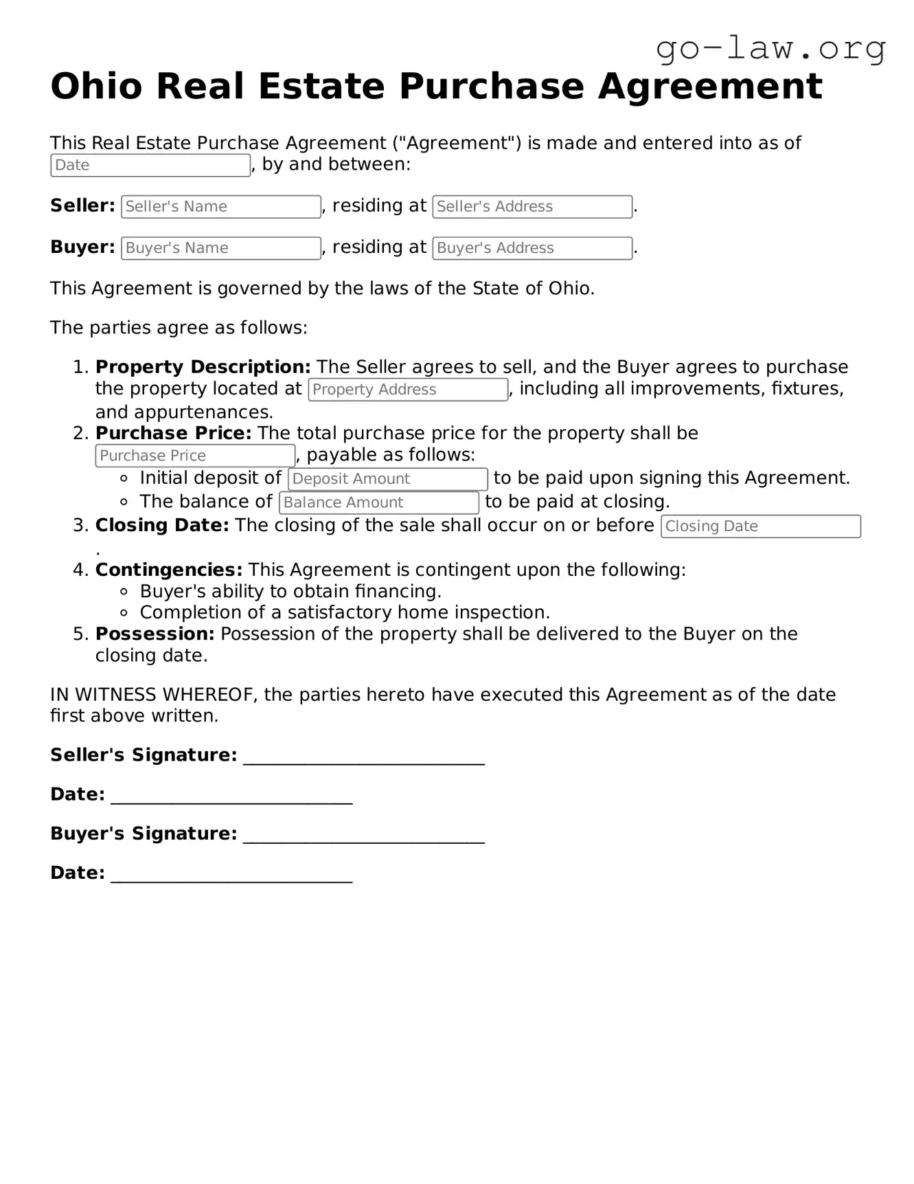 Fillable Ohio Real Estate Purchase Agreement Form