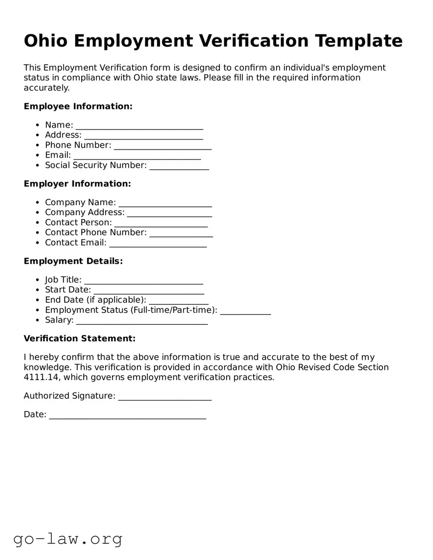 Fillable Ohio Employment Verification Form