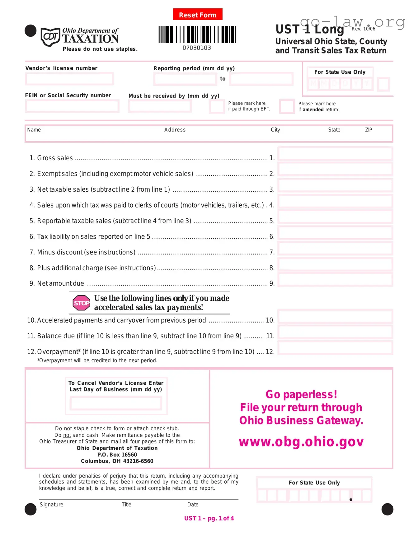 Download Ohio Sales Tax Ust 1 Form in PDF