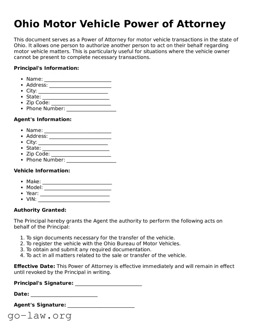 Fillable Ohio Motor Vehicle Power of Attorney Form
