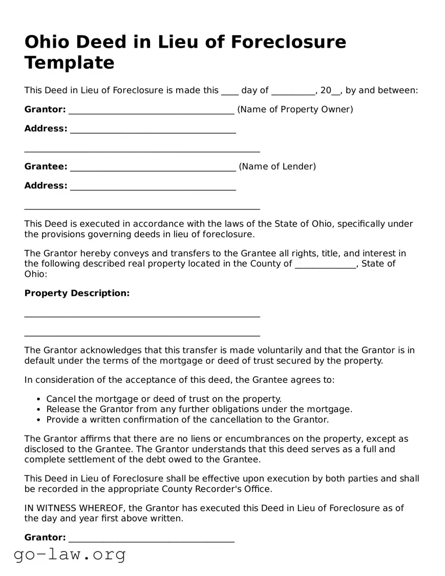 Fillable Ohio Deed in Lieu of Foreclosure Form
