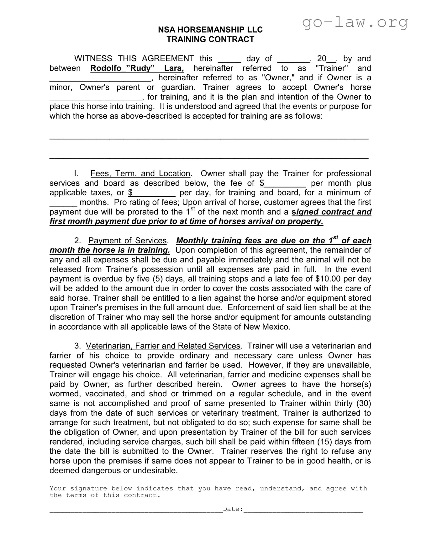 Download Horse Training Contract Form in PDF