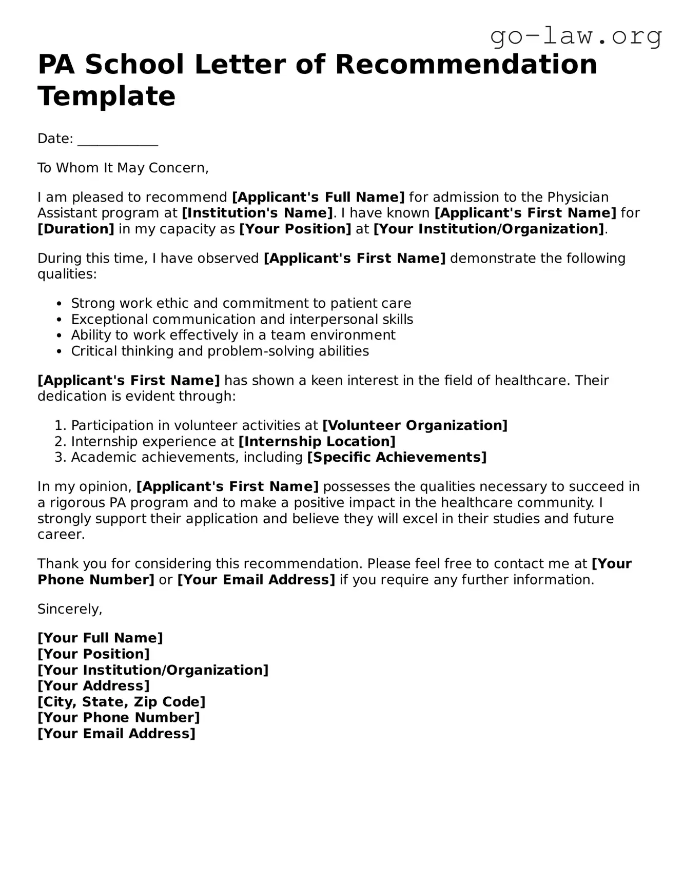 Blank PA School Letter of Recommendation Template