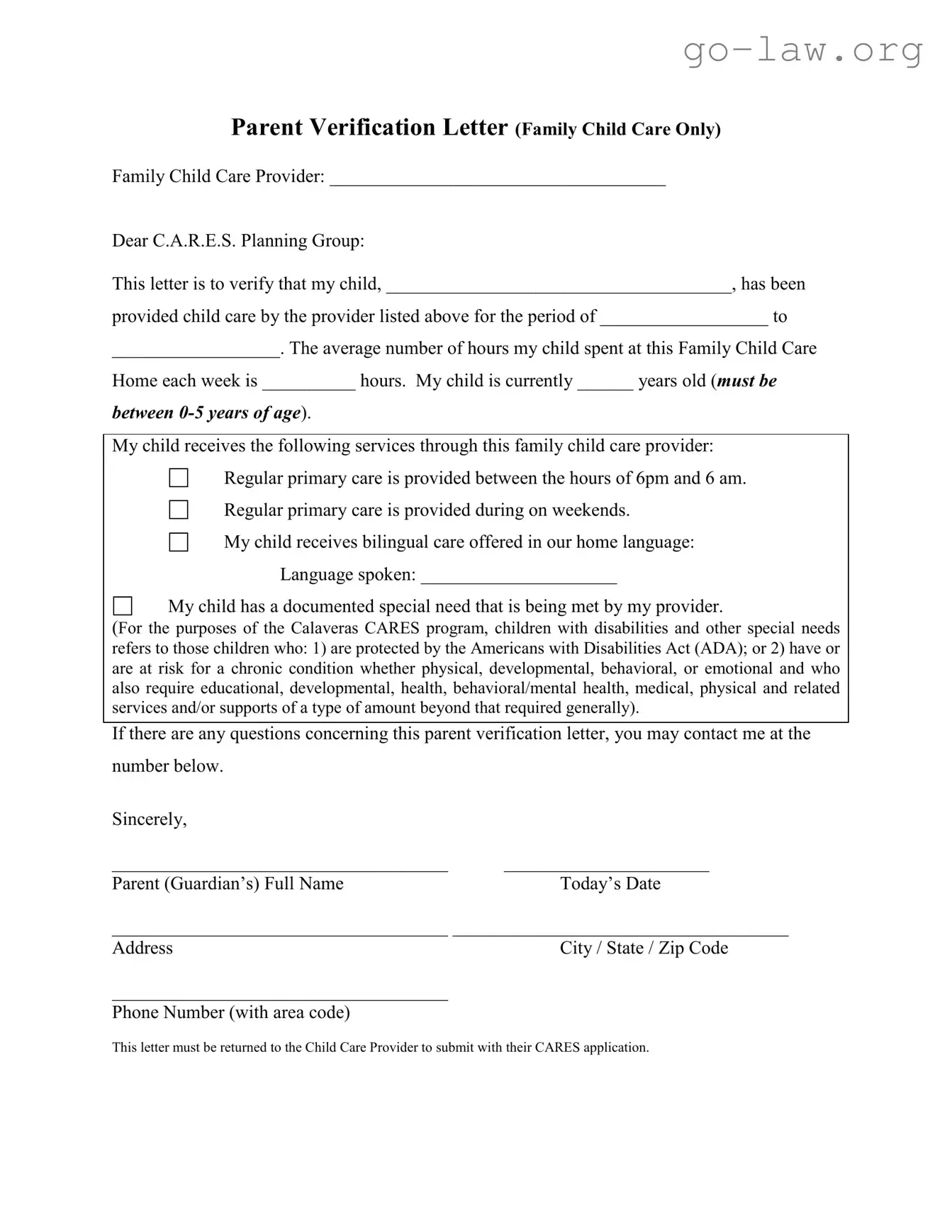 Download Child Care Payment Letter Form in PDF