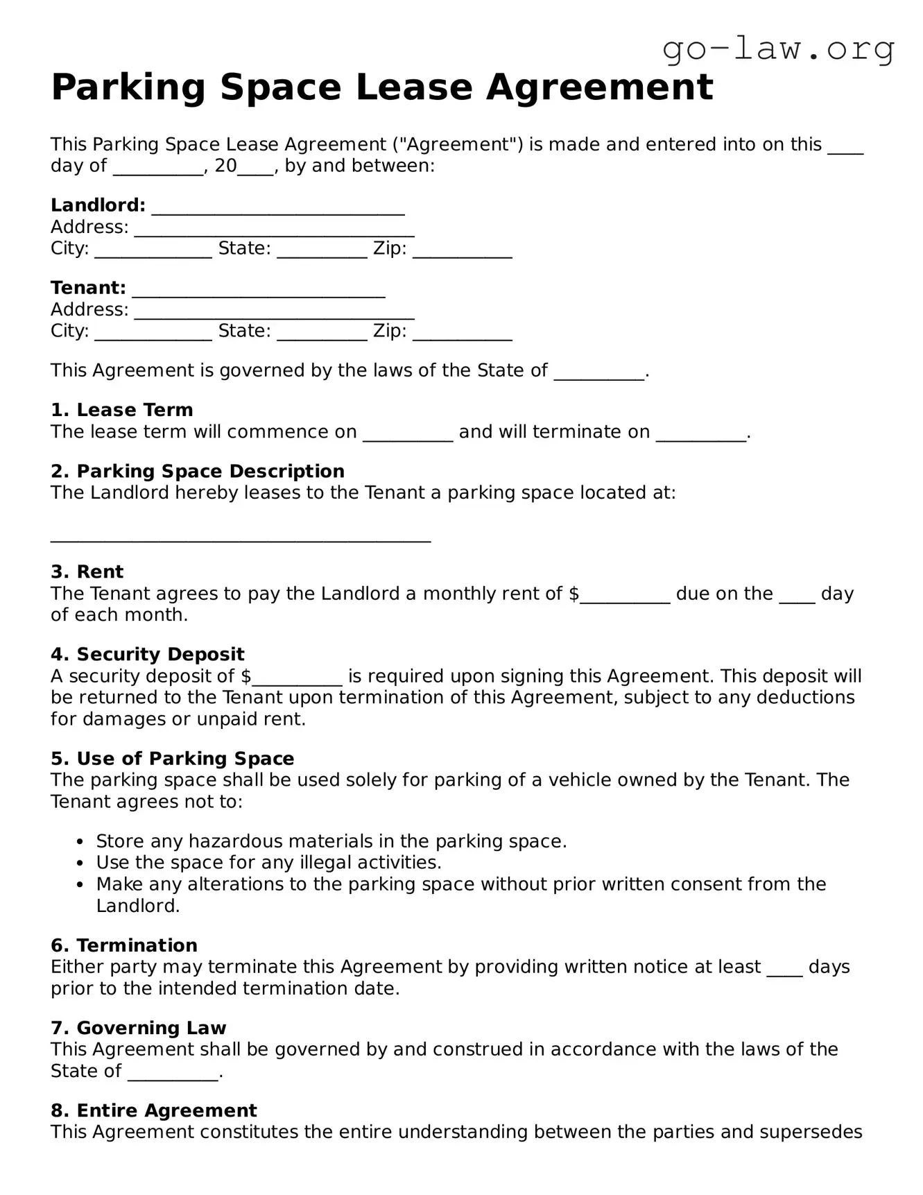Blank Parking Space Lease Agreement Template