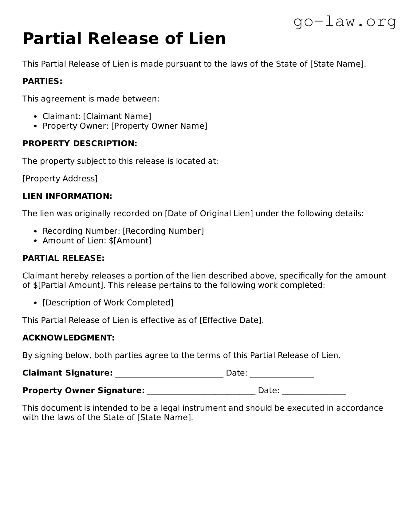 Blank Partial Release of Lien Template