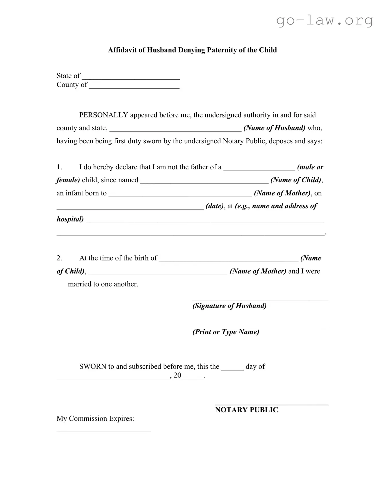 Download Affidavit Denying Paternity Form in PDF