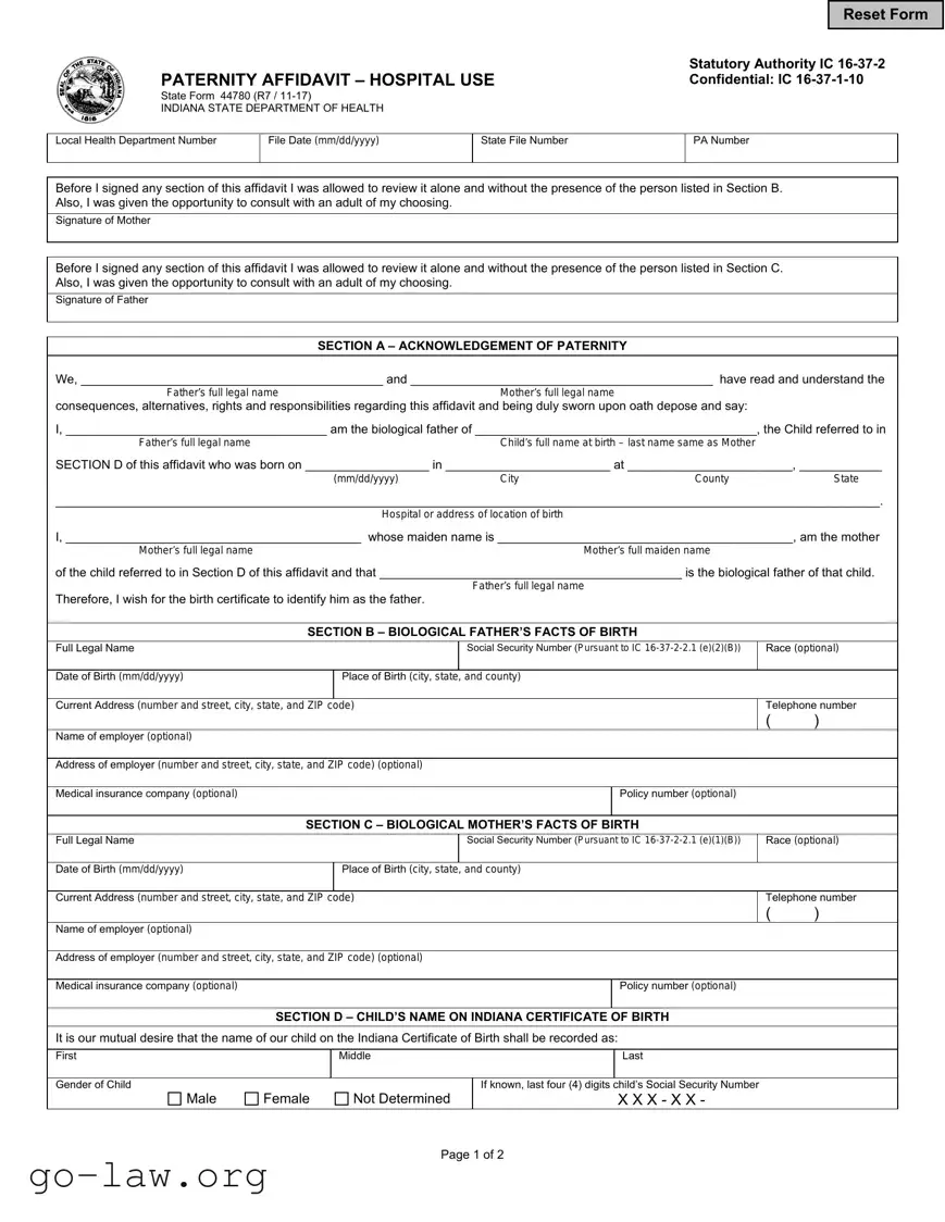 Download Indiana Paternity Affidavit 44780 Form in PDF