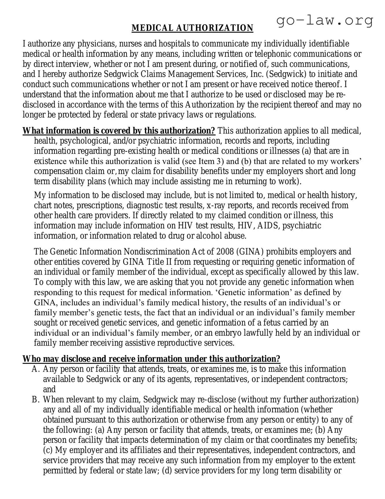 Download Sedgwick Medical Release Form in PDF