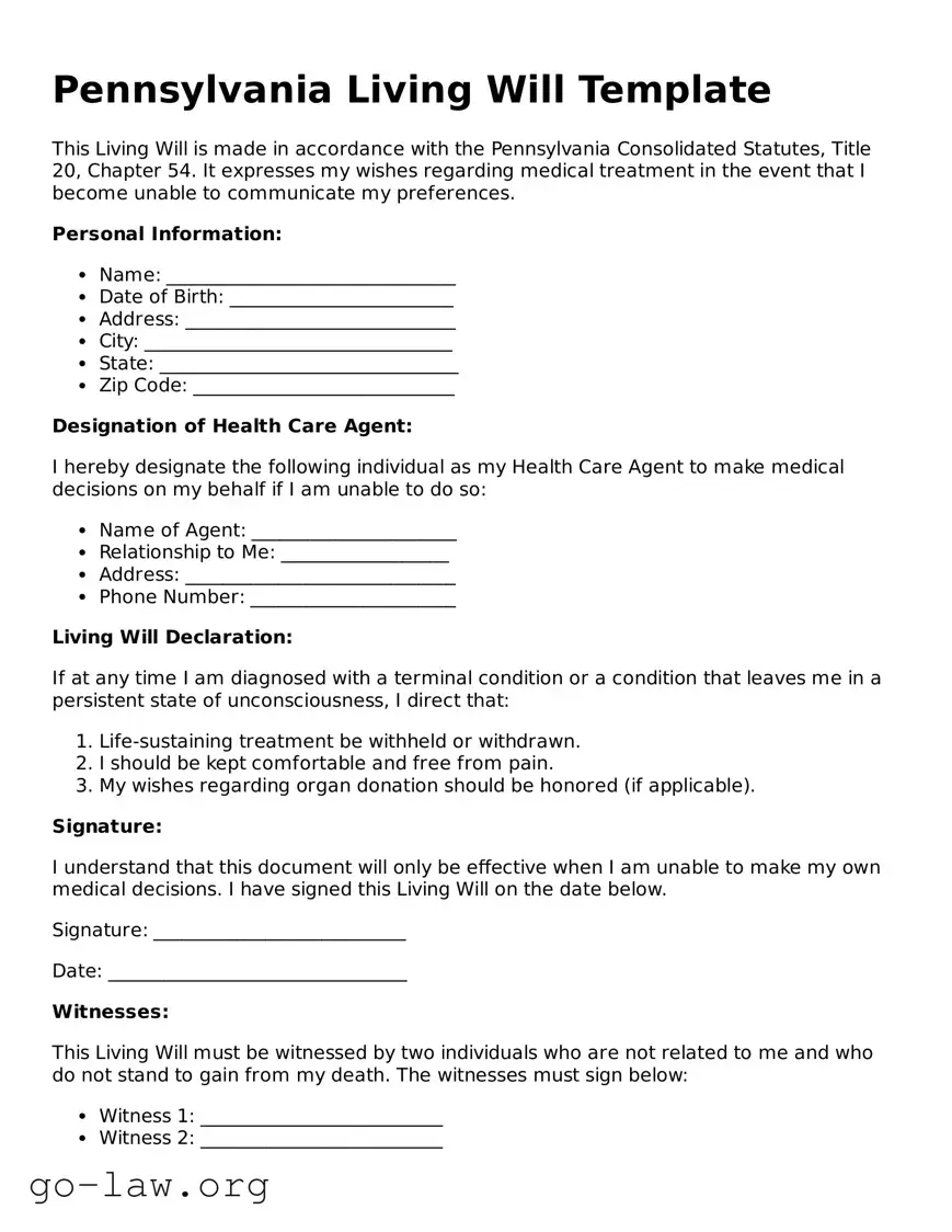 Fillable Pennsylvania Living Will Form