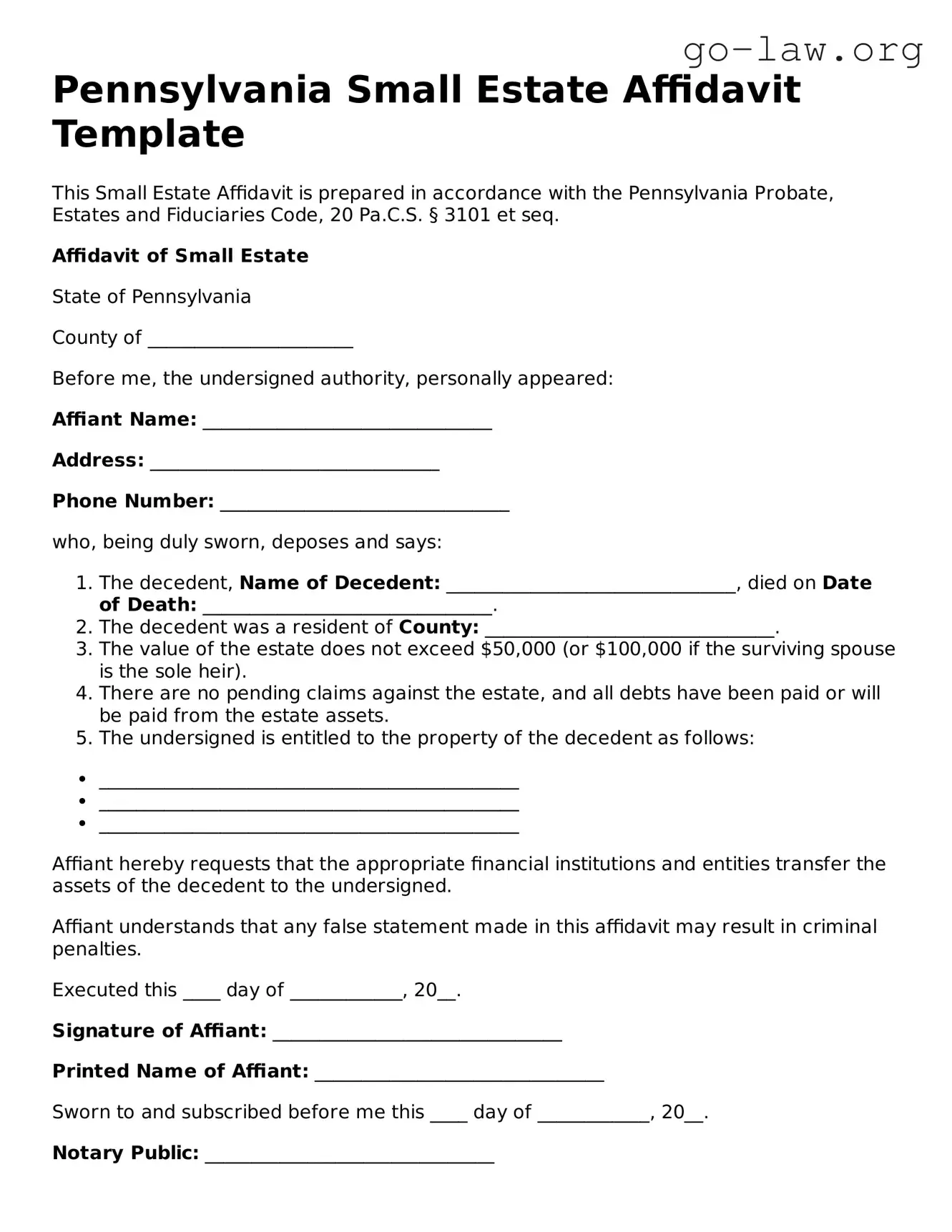 Fillable Pennsylvania Small Estate Affidavit Form