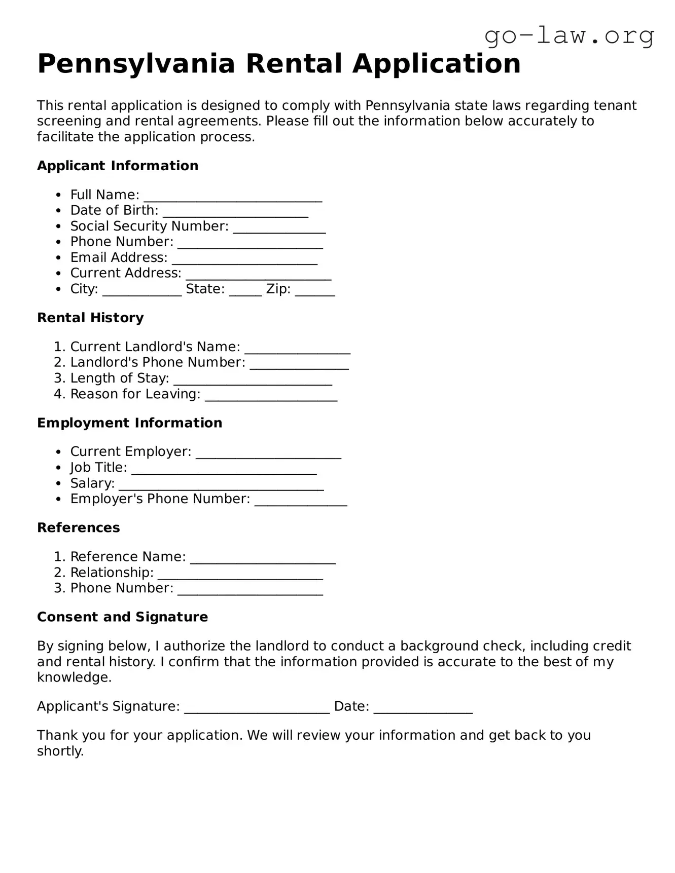 Fillable Pennsylvania Rental Application Form