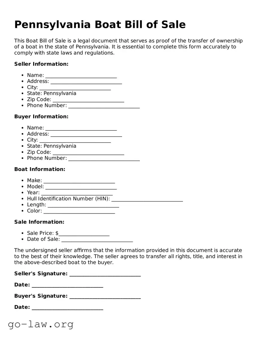 Fillable Pennsylvania Boat Bill of Sale Form