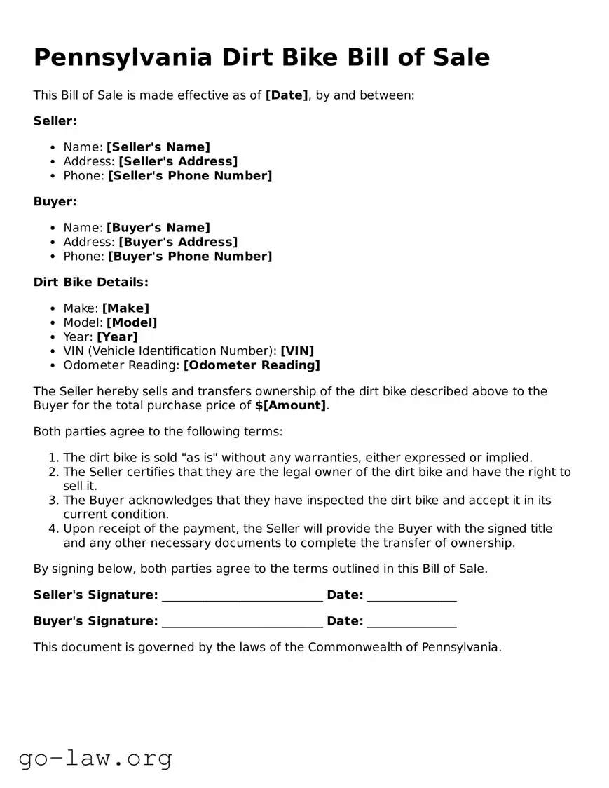 Fillable Pennsylvania Dirt Bike Bill of Sale Form