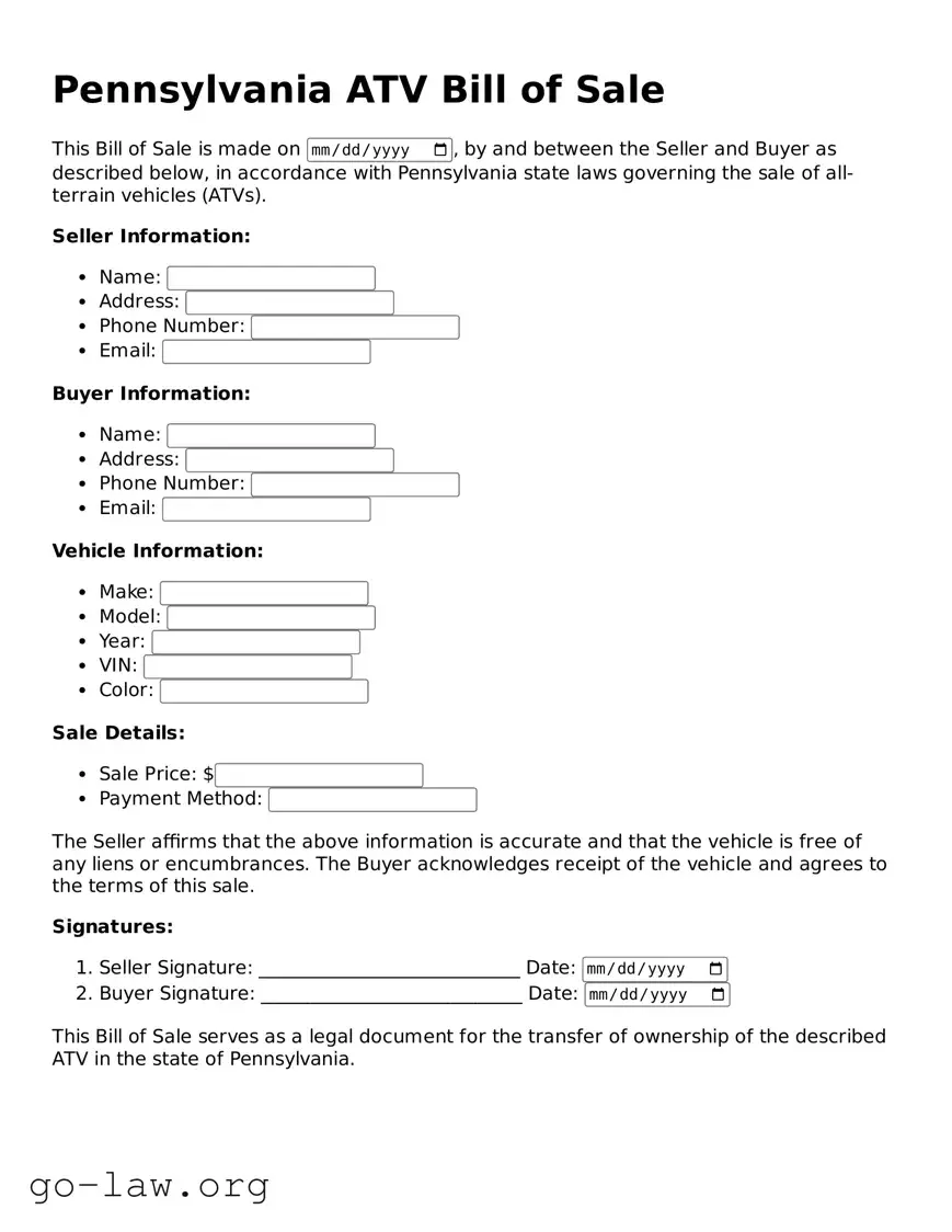 Fillable Pennsylvania ATV Bill of Sale Form