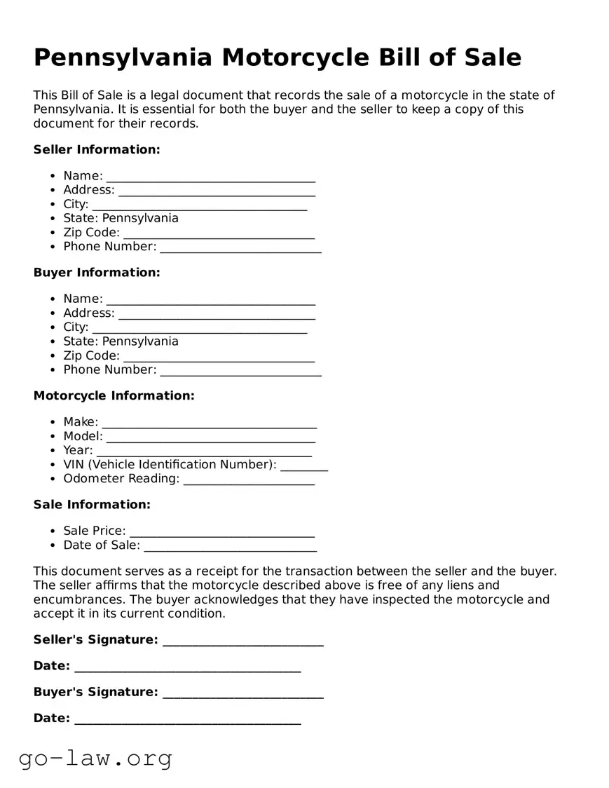 Fillable Pennsylvania Motorcycle Bill of Sale Form