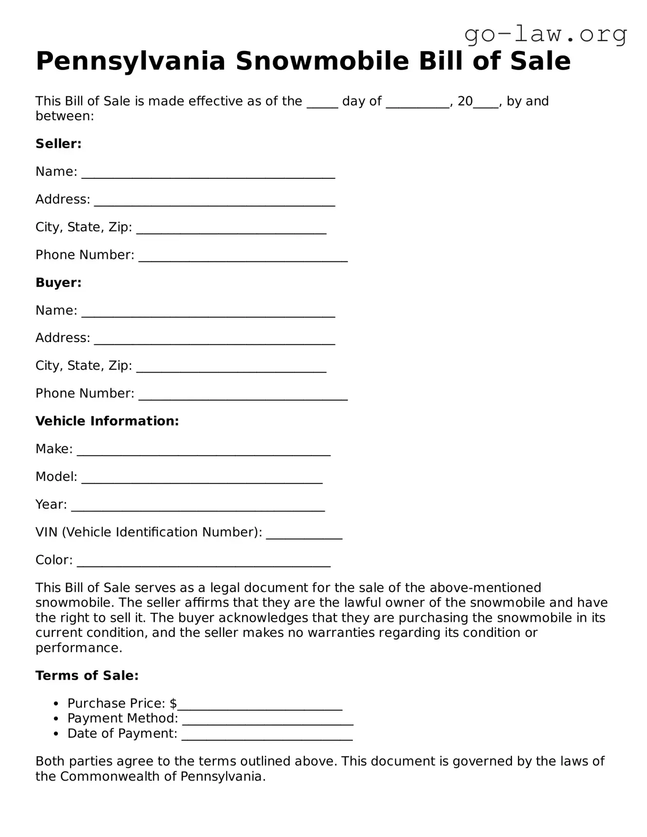 Fillable Pennsylvania Snowmobile Bill of Sale Form