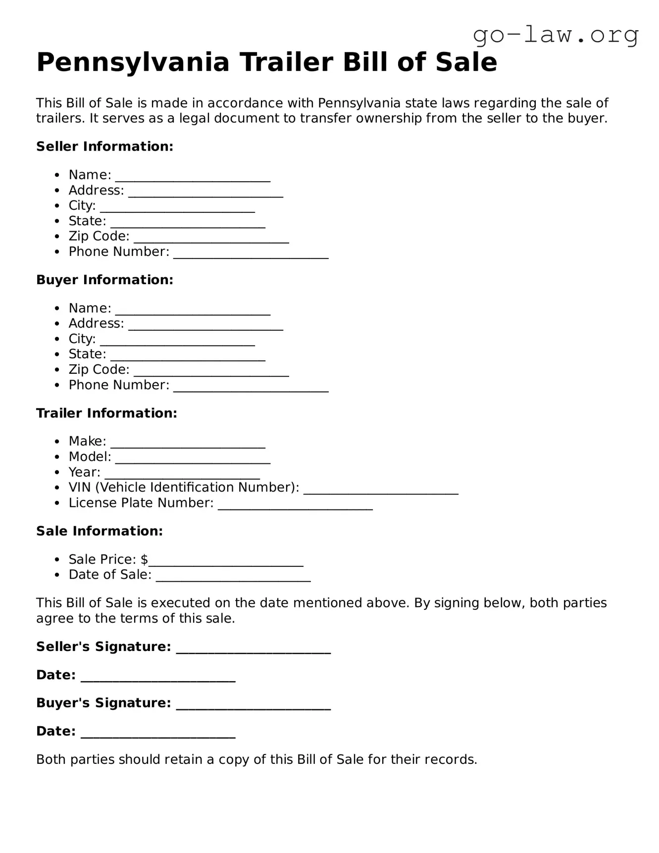 Fillable Pennsylvania Trailer Bill of Sale Form