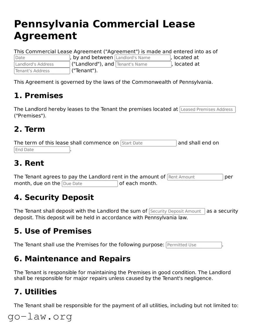 Fillable Pennsylvania Commercial Lease Agreement Form