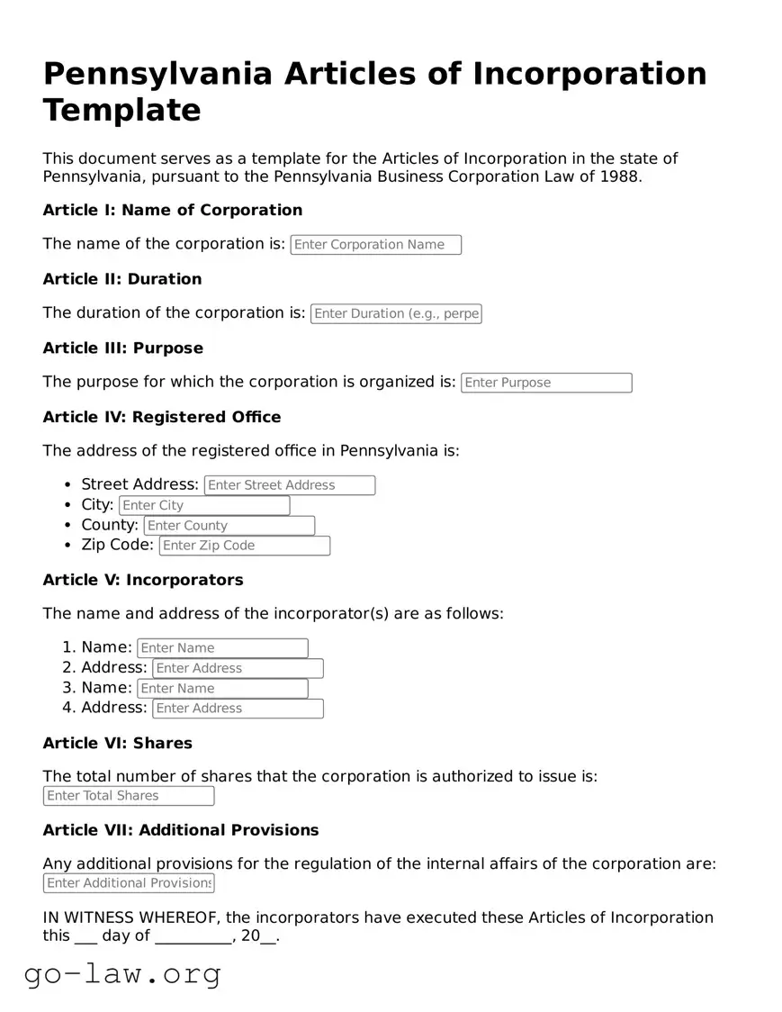 Fillable Pennsylvania Articles of Incorporation Form