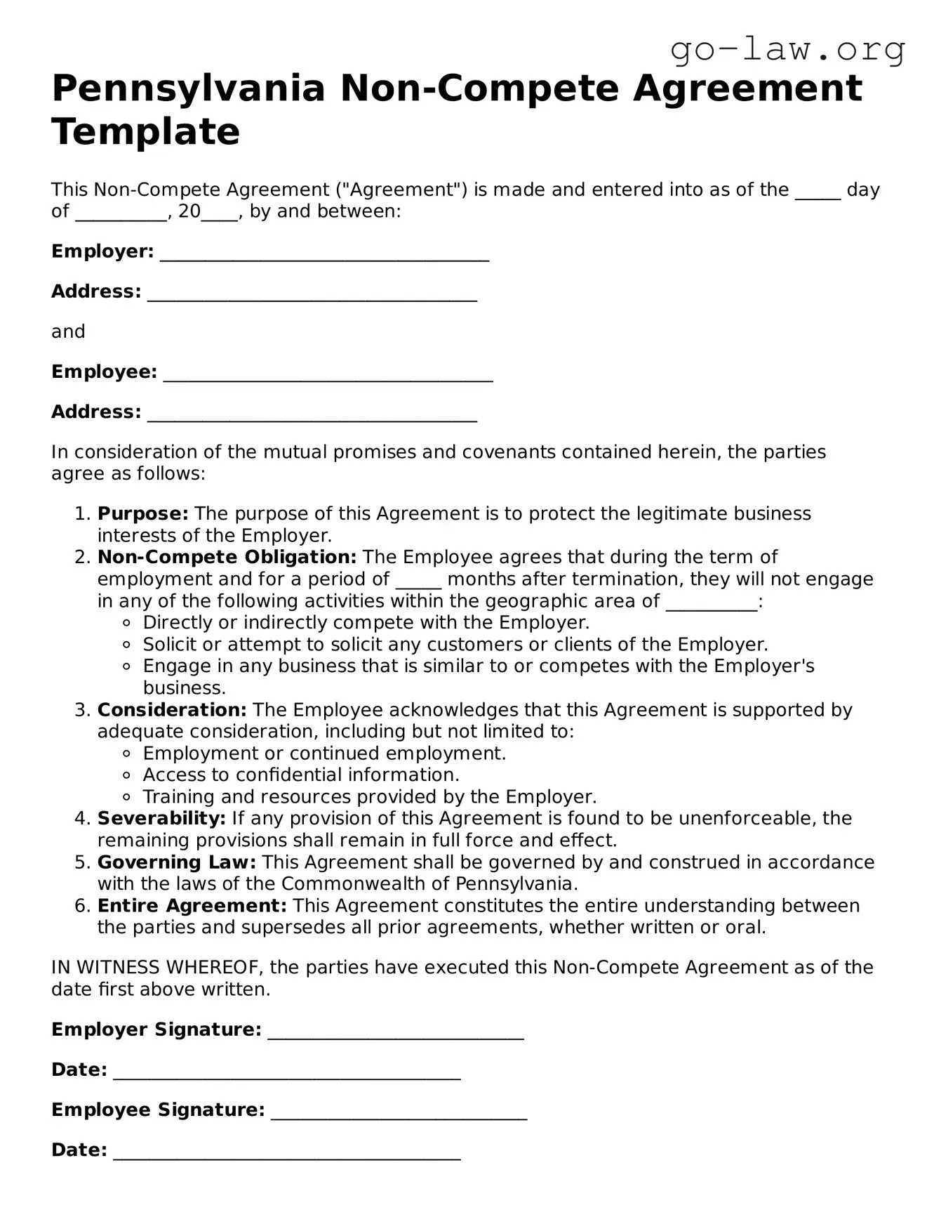 Fillable Pennsylvania Non-compete Agreement Form
