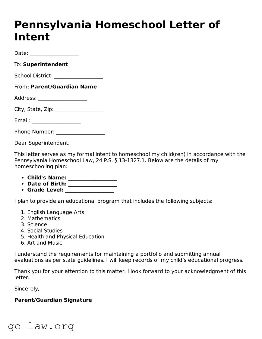 Fillable Pennsylvania Homeschool Letter of Intent Form