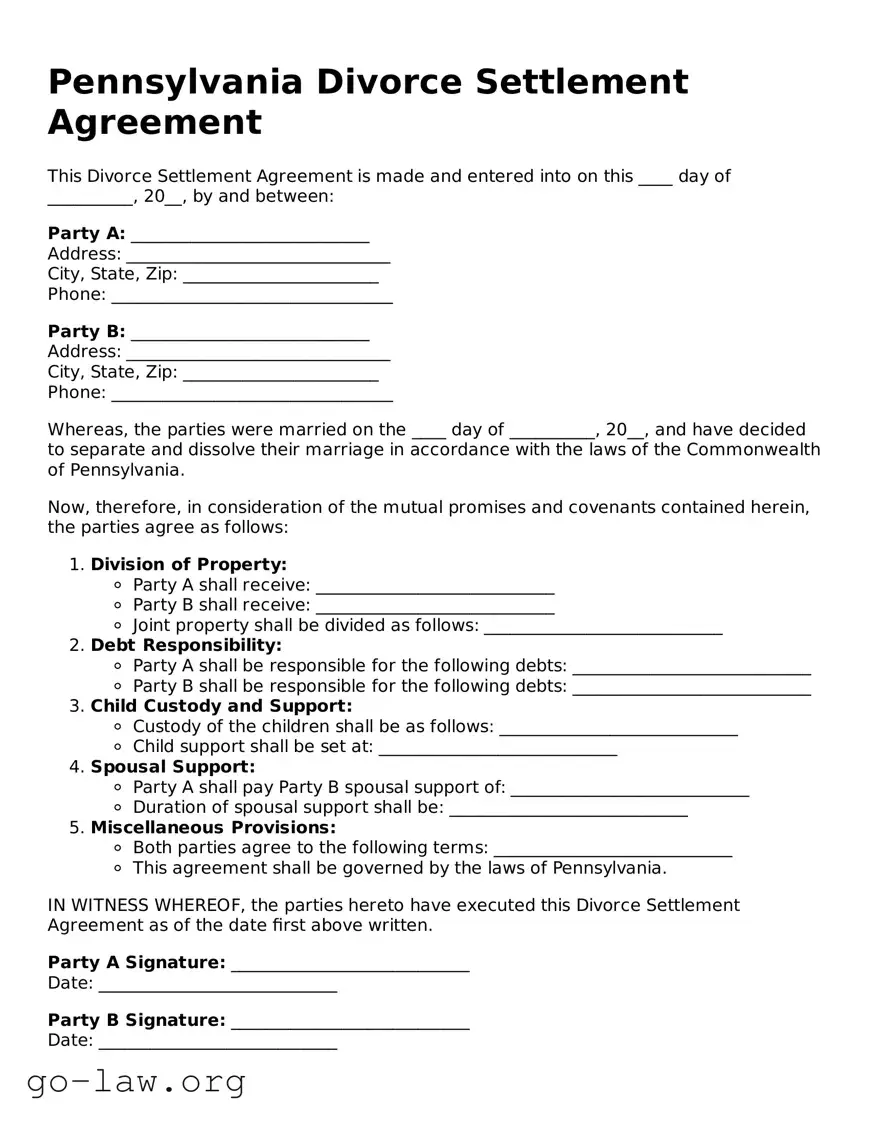 Fillable Pennsylvania Divorce Settlement Agreement Form