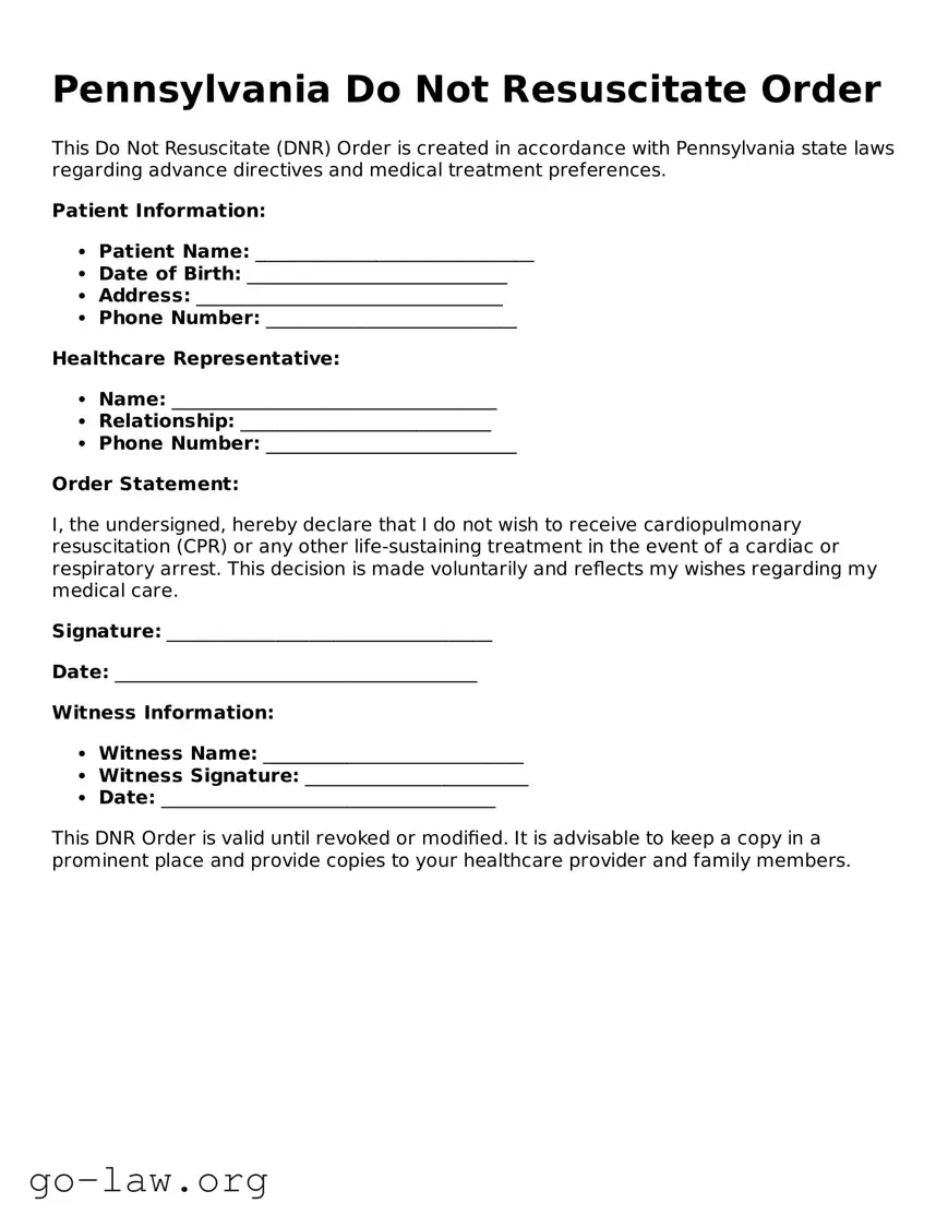 Fillable Pennsylvania Do Not Resuscitate Order Form