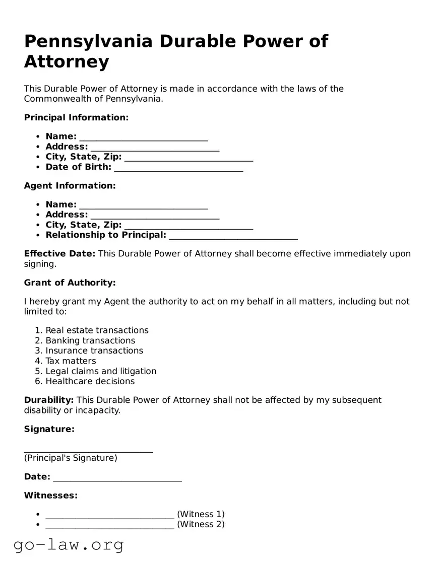 Fillable Pennsylvania Durable Power of Attorney Form