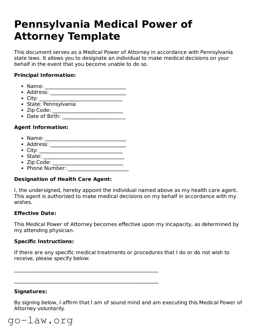 Fillable Pennsylvania Medical Power of Attorney Form