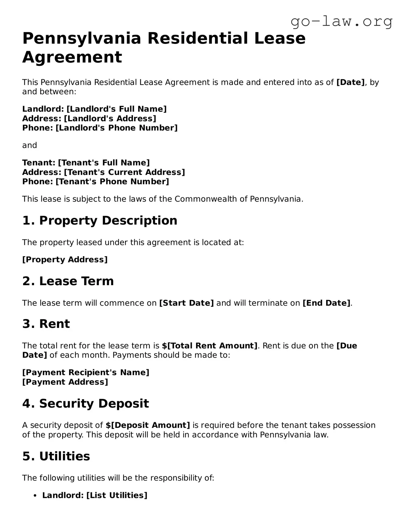 Fillable Pennsylvania Residential Lease Agreement Form