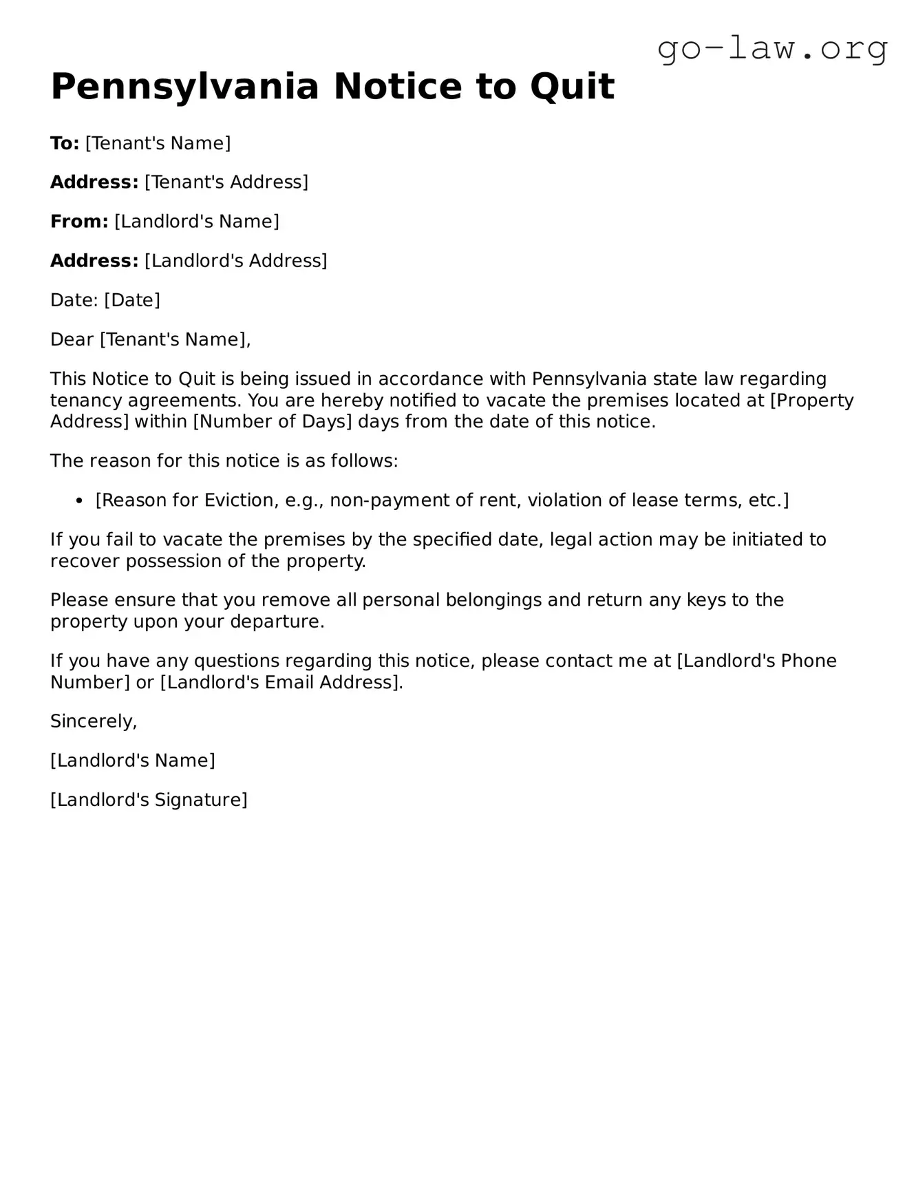 Fillable Pennsylvania Notice to Quit Form