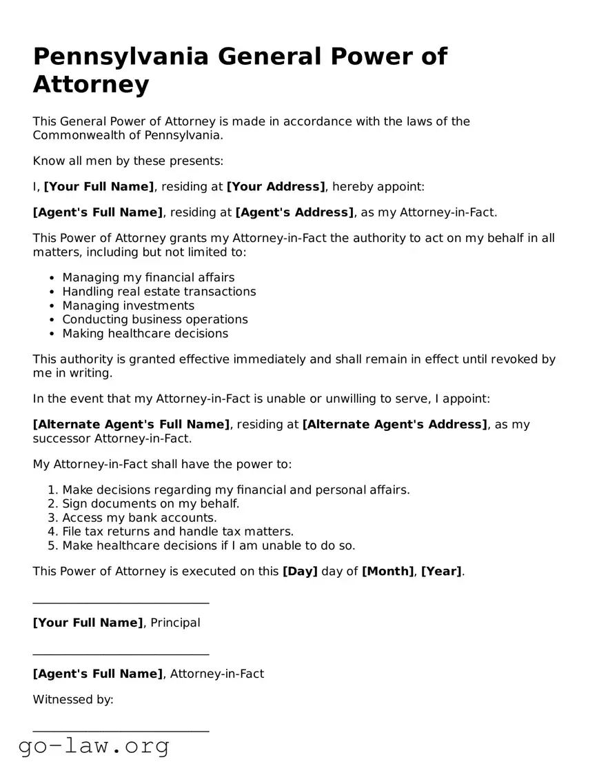 Fillable Pennsylvania General Power of Attorney Form