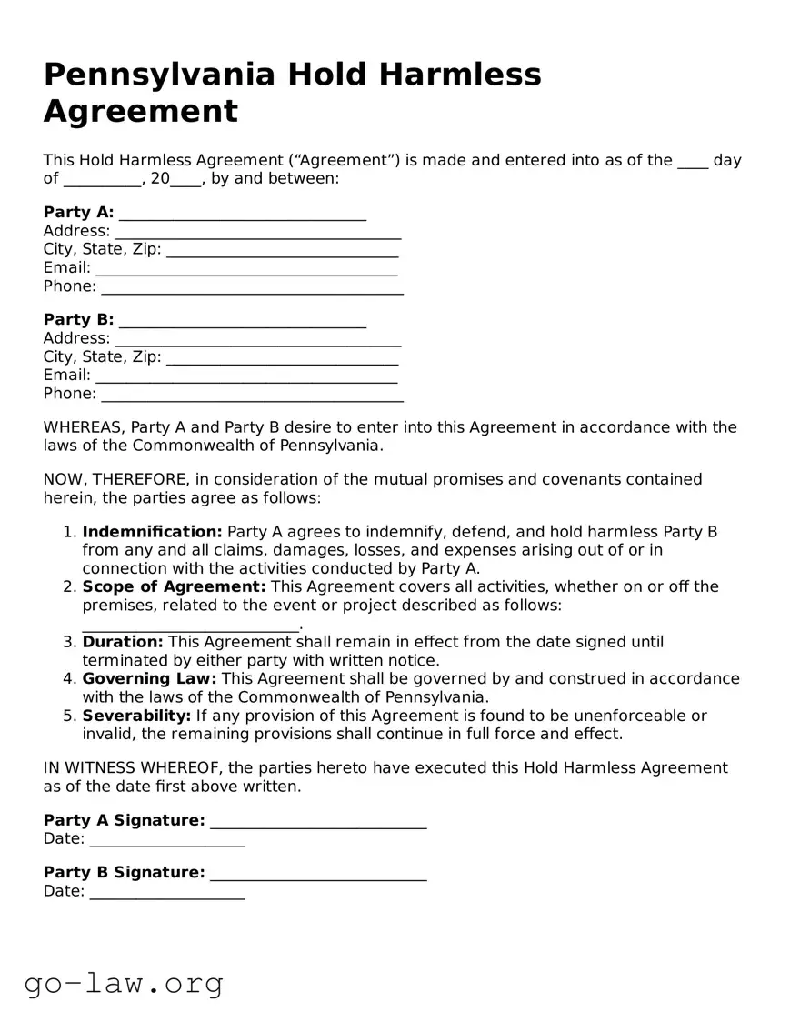 Fillable Pennsylvania Hold Harmless Agreement Form