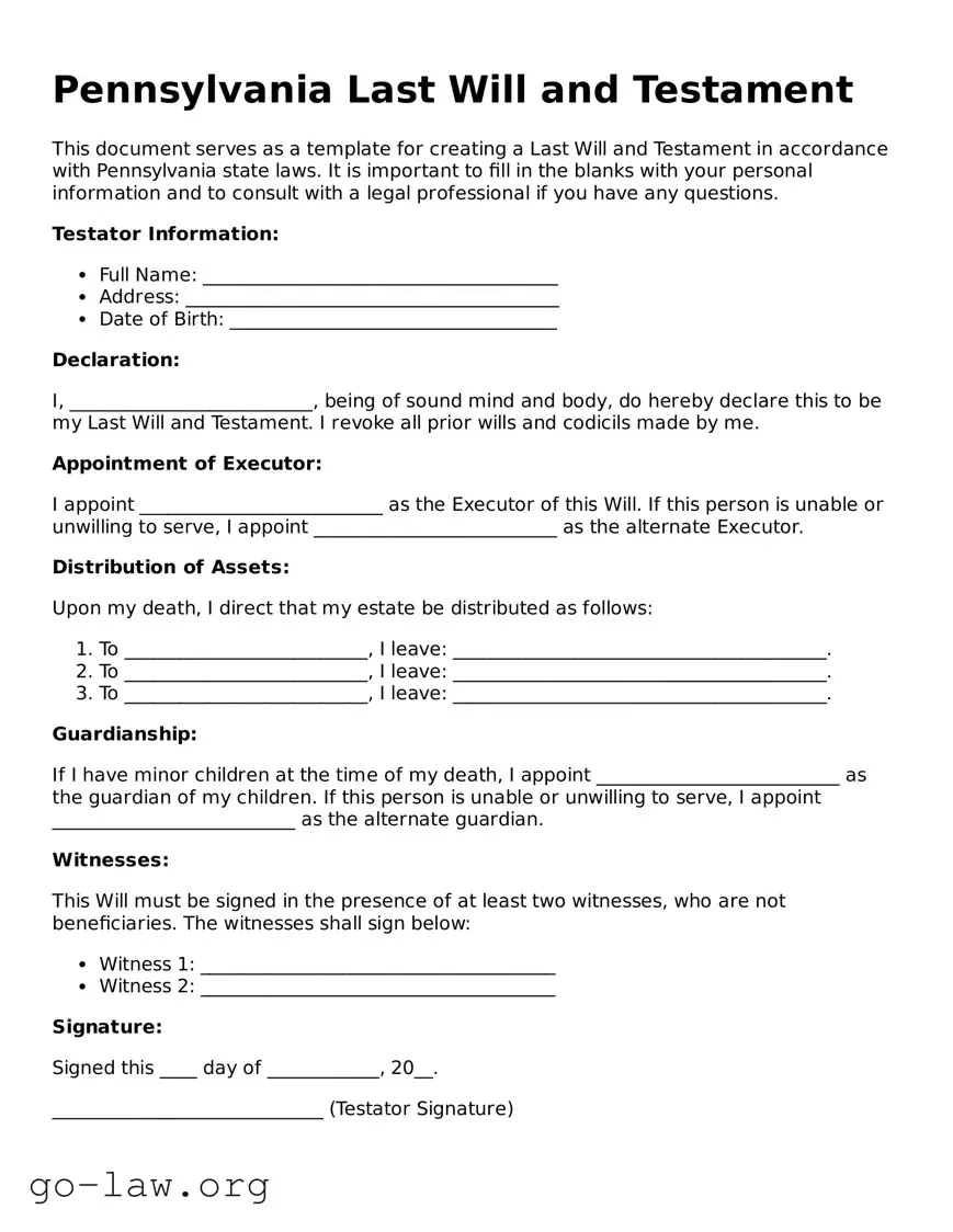Fillable Pennsylvania Last Will and Testament Form