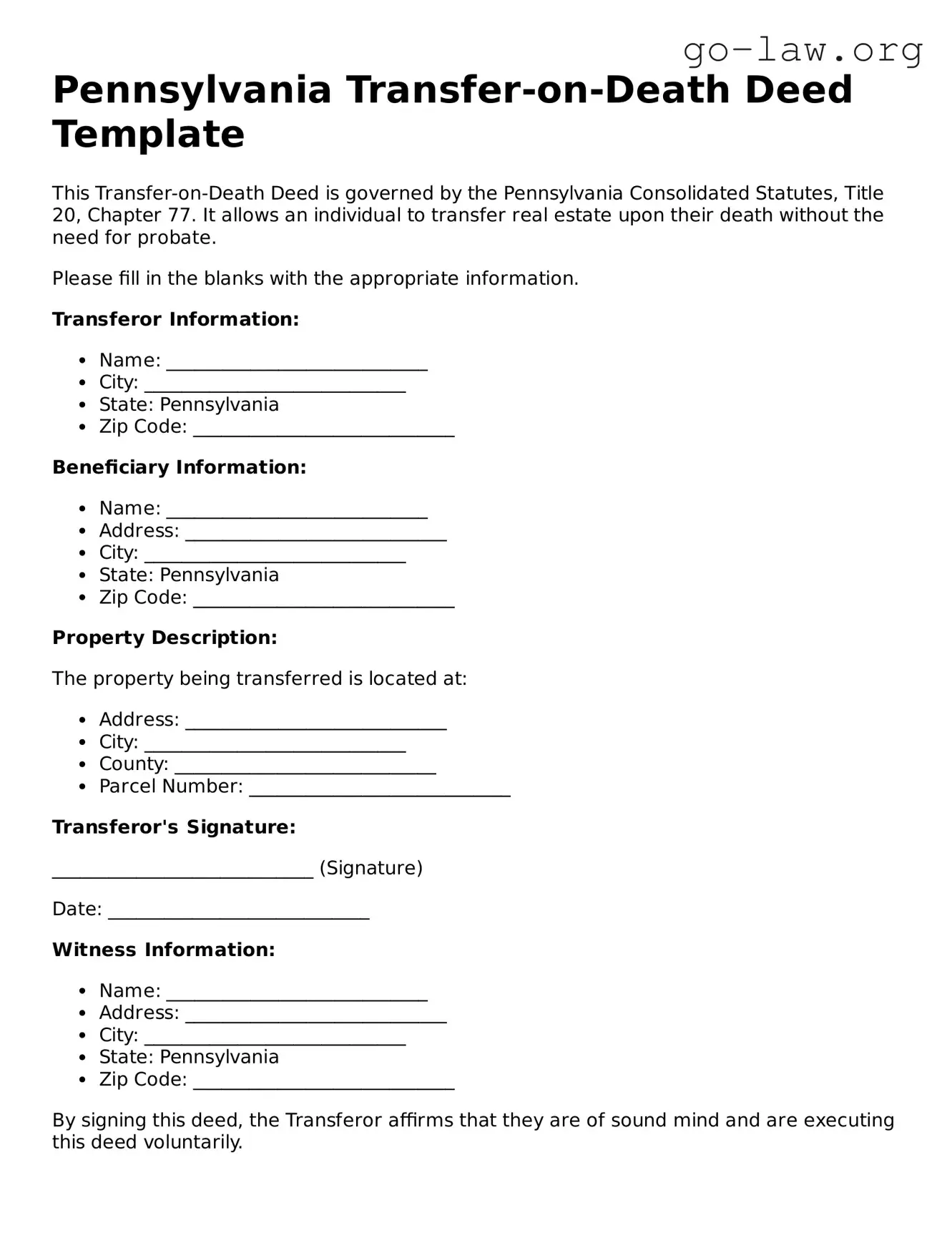 Fillable Pennsylvania Transfer-on-Death Deed Form