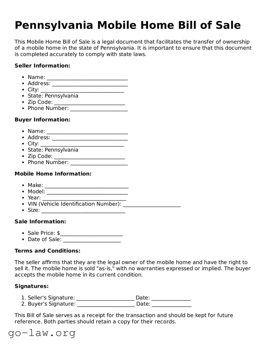 Fillable Pennsylvania Mobile Home Bill of Sale Form