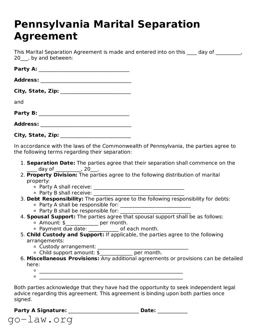 Fillable Pennsylvania Marital Separation Agreement Form