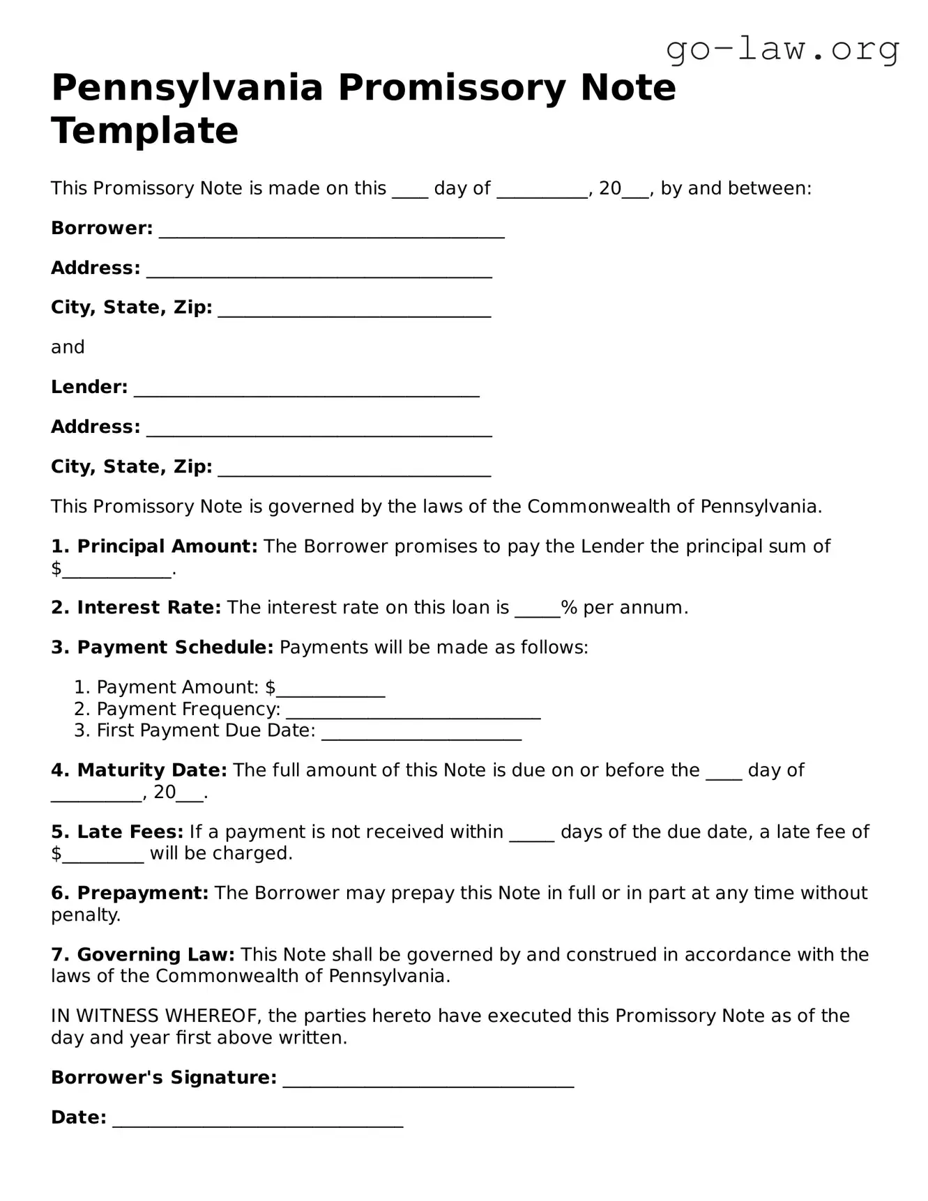 Fillable Pennsylvania Promissory Note Form