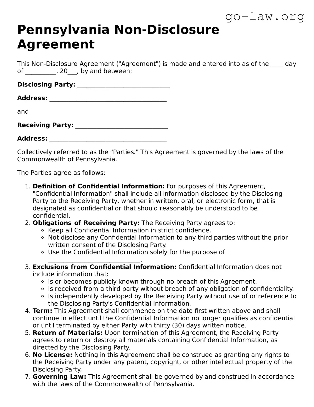 Fillable Pennsylvania Non-disclosure Agreement Form