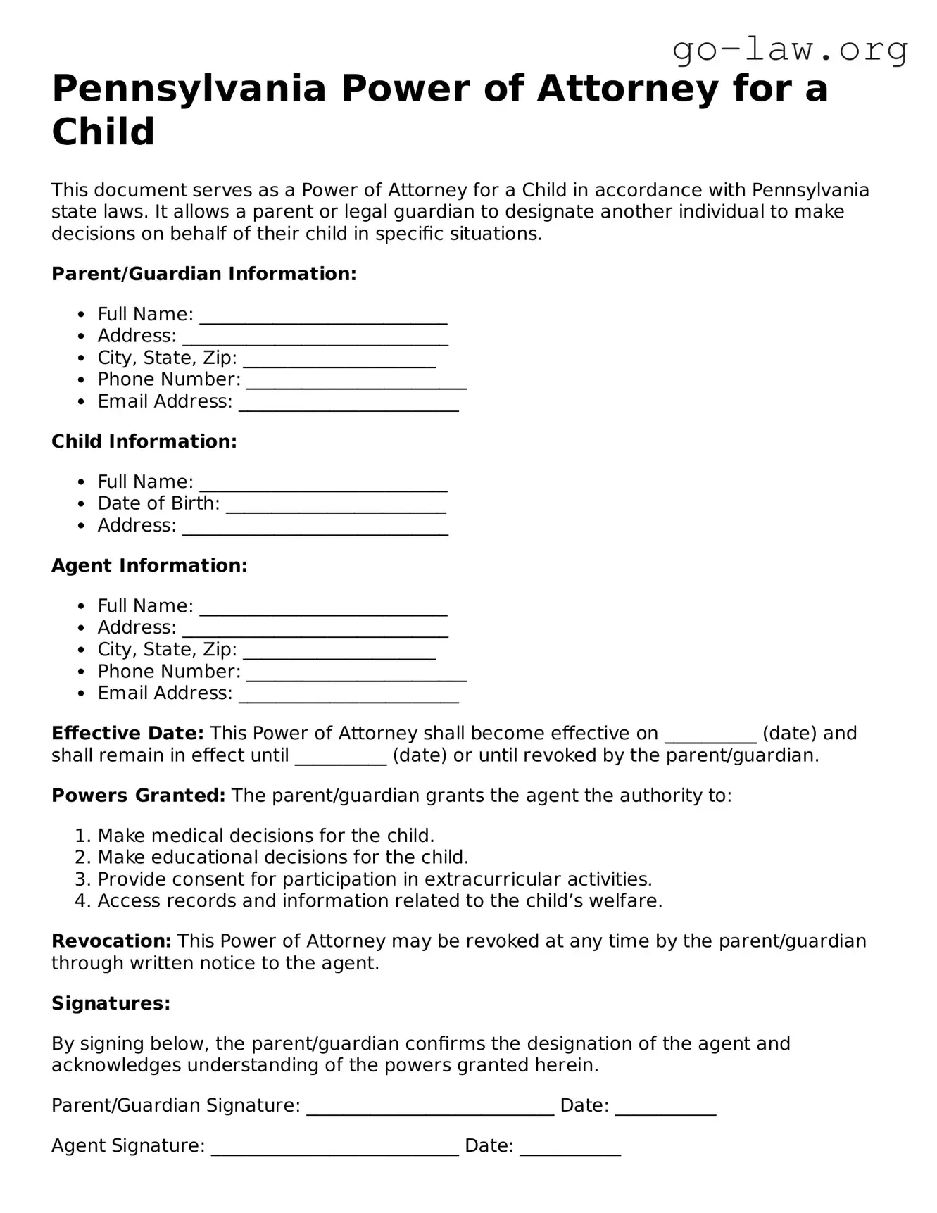 Fillable Pennsylvania Power of Attorney for a Child Form